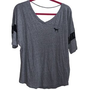 Pink Victorias Secret medium grey mid sleeve shirt low back w strap fishnet